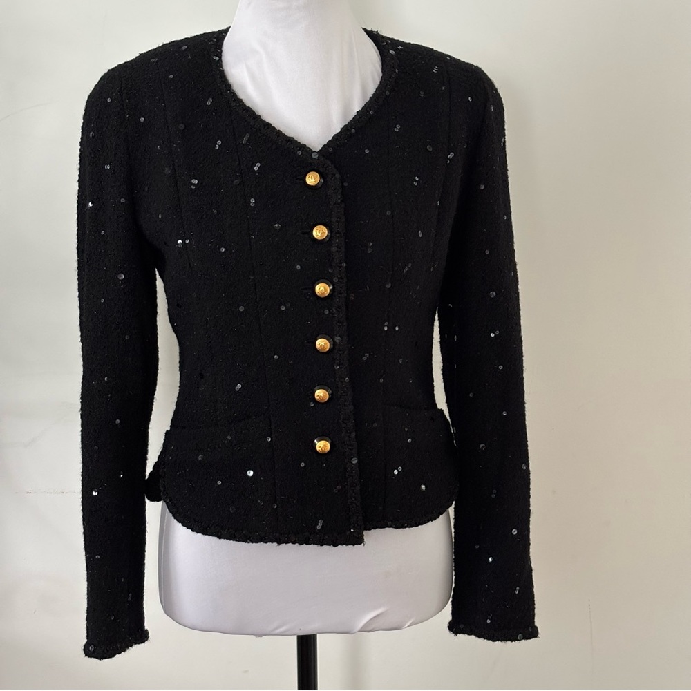 Vintage Chanel Boutique Black Sequin Bouclé Jacket – Gold CC Buttons Size 38